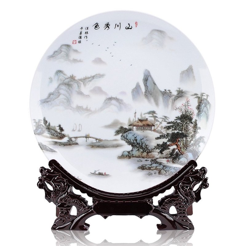 景德镇粉彩山水挂盘 方寸之间的东方诗意与现代家居美学